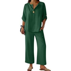 imageANRABESS Womens Summer 2 Piece Lounge Sets 34 Sleeve V Neck Top Wide Leg Palazzo Pants Set 2026 Beach Travel OutfitsForest Green