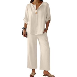 imageANRABESS Womens Summer 2 Piece Lounge Sets 34 Sleeve V Neck Top Wide Leg Palazzo Pants Set 2026 Beach Travel OutfitsLight Yellow