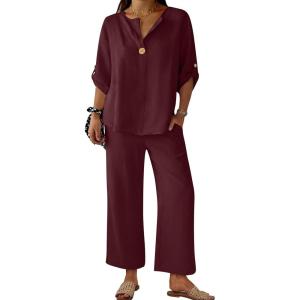 imageANRABESS Womens Summer 2 Piece Lounge Sets 34 Sleeve V Neck Top Wide Leg Palazzo Pants Set 2026 Beach Travel OutfitsWine Red