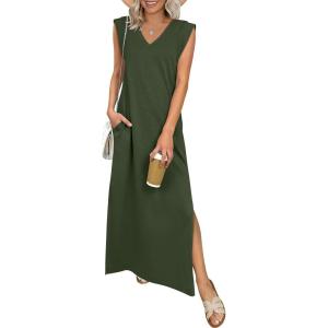 imageANRABESS Womens Summer Casual Maxi Dresses Sleeveless V Neck Split WrinkleFree Long Sundress Beach Vacation Travel ClothesArmy Green