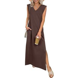imageANRABESS Womens Summer Casual Maxi Dresses Sleeveless V Neck Split WrinkleFree Long Sundress Beach Vacation Travel ClothesBrown