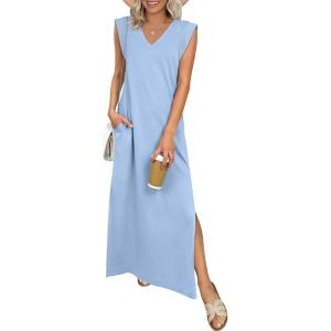 imageANRABESS Womens Summer Casual Maxi Dresses Sleeveless V Neck Split WrinkleFree Long Sundress Beach Vacation Travel ClothesLight Blue