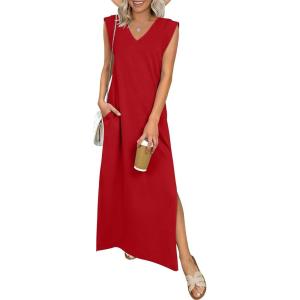 imageANRABESS Womens Summer Casual Maxi Dresses Sleeveless V Neck Split WrinkleFree Long Sundress Beach Vacation Travel ClothesRed
