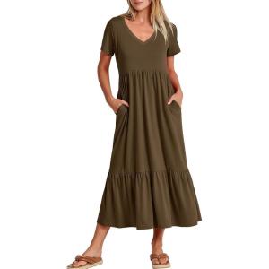 imageANRABESS Womens Summer Casual Short Sleeve T Shirts Maxi Dress Flowy V Neck Tiered Beach Vacation Sundress 2026 OutfitsBrown