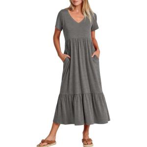 imageANRABESS Womens Summer Casual Short Sleeve T Shirts Maxi Dress Flowy V Neck Tiered Beach Vacation Sundress 2026 OutfitsGrey