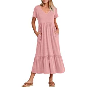 imageANRABESS Womens Summer Casual Short Sleeve T Shirts Maxi Dress Flowy V Neck Tiered Beach Vacation Sundress 2026 OutfitsLight Pink