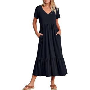 imageANRABESS Womens Summer Casual Short Sleeve T Shirts Maxi Dress Flowy V Neck Tiered Beach Vacation Sundress 2026 OutfitsNavy Blue