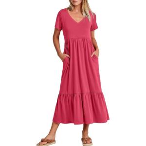 imageANRABESS Womens Summer Casual Short Sleeve T Shirts Maxi Dress Flowy V Neck Tiered Beach Vacation Sundress 2026 OutfitsPeach