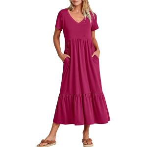 imageANRABESS Womens Summer Casual Short Sleeve T Shirts Maxi Dress Flowy V Neck Tiered Beach Vacation Sundress 2026 OutfitsRose Hot Pink