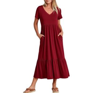 imageANRABESS Womens Summer Casual Short Sleeve T Shirts Maxi Dress Flowy V Neck Tiered Beach Vacation Sundress 2026 OutfitsWine Red Burgundy