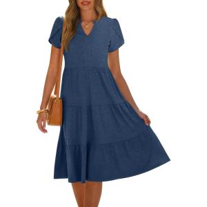 imageANRABESS Womens Summer Causal Dresses V Neck Short Sleeve Midi Dress 2026 Flowy Tiered Boho Beach Sundress Vacation OutfitsBlue
