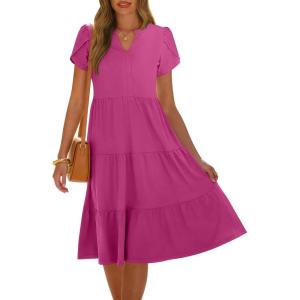 imageANRABESS Womens Summer Causal Dresses V Neck Short Sleeve Midi Dress 2026 Flowy Tiered Boho Beach Sundress Vacation OutfitsHot Pink