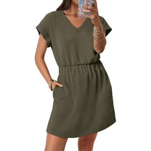 imageANRABESS Womens Summer Dresses Casual V Neck Short Sleeve Elastic Waist Mini Tshirt Dress Beach Vacation Sundress with PocketArmy Green