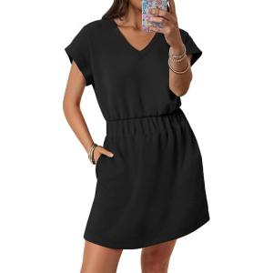 imageANRABESS Womens Summer Dresses Casual V Neck Short Sleeve Elastic Waist Mini Tshirt Dress Beach Vacation Sundress with PocketBlack