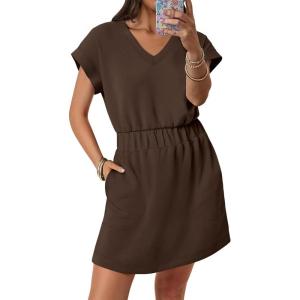 imageANRABESS Womens Summer Dresses Casual V Neck Short Sleeve Elastic Waist Mini Tshirt Dress Beach Vacation Sundress with PocketBrown