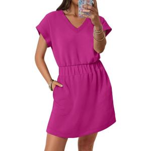 imageANRABESS Womens Summer Dresses Casual V Neck Short Sleeve Elastic Waist Mini Tshirt Dress Beach Vacation Sundress with PocketHot Pink