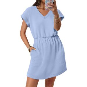 imageANRABESS Womens Summer Dresses Casual V Neck Short Sleeve Elastic Waist Mini Tshirt Dress Beach Vacation Sundress with PocketLight Blue