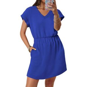 imageANRABESS Womens Summer Dresses Casual V Neck Short Sleeve Elastic Waist Mini Tshirt Dress Beach Vacation Sundress with PocketRoyal Blue