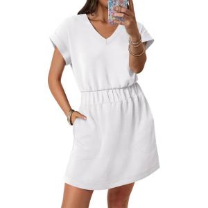 imageANRABESS Womens Summer Dresses Casual V Neck Short Sleeve Elastic Waist Mini Tshirt Dress Beach Vacation Sundress with PocketWhite