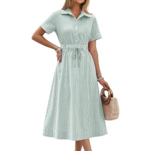 imageANRABESS Womens Summer Midi Dress Short Sleeve Striped Plaid Button Collar Shirt Dresses 2026 Casual Beach Vacation Clothes Green White Stripe M