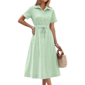imageANRABESS Womens Summer Midi Dress Short Sleeve Striped Plaid Button Collar Shirt Dresses 2026 Casual Beach Vacation Clothes Light Green White Stripe L