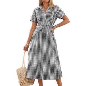 imageANRABESS Womens Summer Midi Dress Short Sleeve Striped Plaid Button Collar Shirt Dresses 2026 Casual Beach Vacation ClothesBlack White Plaid