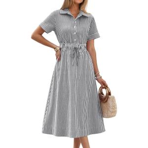 imageANRABESS Womens Summer Midi Dress Short Sleeve Striped Plaid Button Collar Shirt Dresses 2026 Casual Beach Vacation ClothesBlack White Stripe