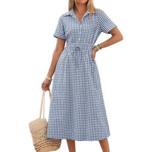 imageANRABESS Womens Summer Midi Dress Short Sleeve Striped Plaid Button Collar Shirt Dresses 2026 Casual Beach Vacation ClothesBlue White Plaid
