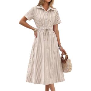 imageANRABESS Womens Summer Midi Dress Short Sleeve Striped Plaid Button Collar Shirt Dresses 2026 Casual Beach Vacation ClothesLight Brown White Stripe