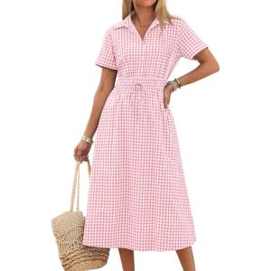 imageANRABESS Womens Summer Midi Dress Short Sleeve Striped Plaid Button Collar Shirt Dresses 2026 Casual Beach Vacation ClothesPink White Plaid