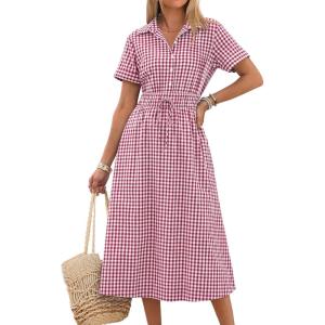 imageANRABESS Womens Summer Midi Dress Short Sleeve Striped Plaid Button Collar Shirt Dresses 2026 Casual Beach Vacation ClothesRed White Plaid