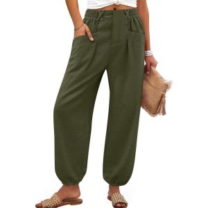 imageANRABESS Womens Summer Pants Cropped Elastic Waist Harem Barrel Lounge Casual Work Slacks Beach Vacation Clothes with PocketsArmy Green