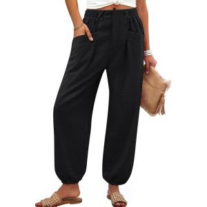 imageANRABESS Womens Summer Pants Cropped Elastic Waist Harem Barrel Lounge Casual Work Slacks Beach Vacation Clothes with PocketsBlack