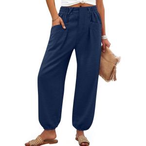 imageANRABESS Womens Summer Pants Cropped Elastic Waist Harem Barrel Lounge Casual Work Slacks Beach Vacation Clothes with PocketsNavy Blue
