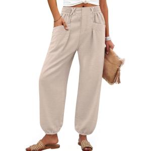 imageANRABESS Womens Summer Pants Cropped Elastic Waist Harem Barrel Lounge Casual Work Slacks Beach Vacation Clothes with PocketsParchment