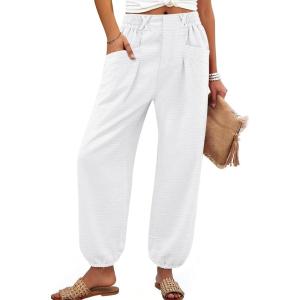 imageANRABESS Womens Summer Pants Cropped Elastic Waist Harem Barrel Lounge Casual Work Slacks Beach Vacation Clothes with PocketsWhite