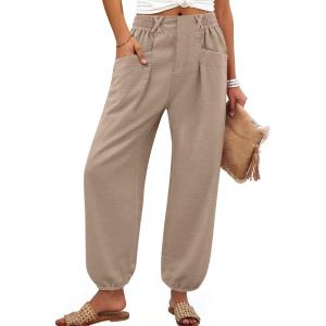 imageANRABESS Womens Summer Pants Cropped Elastic Waist Harem Barrel Lounge Casual Work Slacks Beach Vacation Clothes with PocketsYellow Khaki