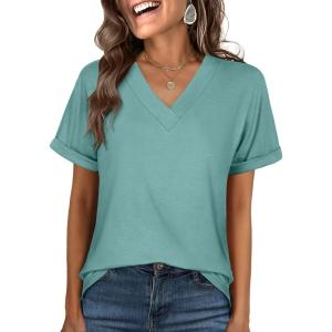 imageANRABESS Womens T Shirts Short Sleeve V Neck Shirts Summer Loose Fit Dressy Tops Business Casual Blouses 2026 Basic TeesGreen Blue
