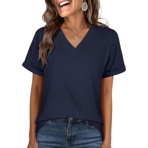 imageANRABESS Womens T Shirts Short Sleeve V Neck Shirts Summer Loose Fit Dressy Tops Business Casual Blouses 2026 Basic TeesNavy Blue