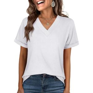 imageANRABESS Womens T Shirts Short Sleeve V Neck Shirts Summer Loose Fit Dressy Tops Business Casual Blouses 2026 Basic TeesWhite