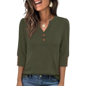 imageANRABESS Womens Tops 34 Sleeve Casual Henley Shirts V Neck Buttons Dressy Work Business Blouses 2026 Spring Trendy ClothesArmy Green