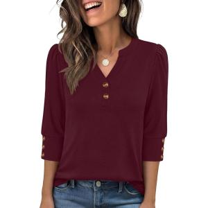 imageANRABESS Womens Tops 34 Sleeve Casual Henley Shirts V Neck Buttons Dressy Work Business Blouses 2026 Spring Trendy ClothesBurgundy