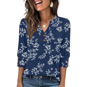 imageANRABESS Womens Tops 34 Sleeve Casual Henley Shirts V Neck Buttons Dressy Work Business Blouses 2026 Spring Trendy ClothesDark Navy Floral