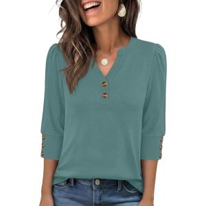 imageANRABESS Womens Tops 34 Sleeve Casual Henley Shirts V Neck Buttons Dressy Work Business Blouses 2026 Spring Trendy ClothesGray Green