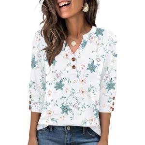 imageANRABESS Womens Tops 34 Sleeve Casual Henley Shirts V Neck Buttons Dressy Work Business Blouses 2026 Spring Trendy ClothesWhite With Blue Floral