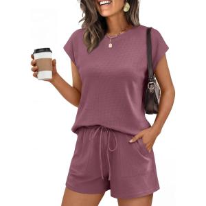 imageANRABESS Womens Waffle Knit 2 Piece Short Sets Cap Sleeve Summer 2026 Matching Lounge Outfits Travel Beach Vacation SweatsuitPurple