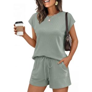 imageANRABESS Womens Waffle Knit 2 Piece Short Sets Cap Sleeve Summer 2026 Matching Lounge Outfits Travel Beach Vacation SweatsuitSage Green
