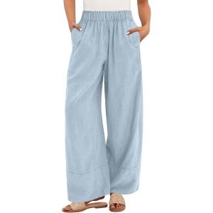 imageANRABESS Womens Wide Leg Linen Pants Summer Boho Casual Elastic Waist Long Lounge Travel Pants Trousers with PocketsBaby Blue