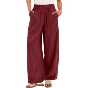 imageANRABESS Womens Wide Leg Linen Pants Summer Boho Casual Elastic Waist Long Lounge Travel Pants Trousers with PocketsDeep Red