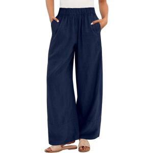 imageANRABESS Womens Wide Leg Linen Pants Summer Boho Casual Elastic Waist Long Lounge Travel Pants Trousers with PocketsNavy Blue